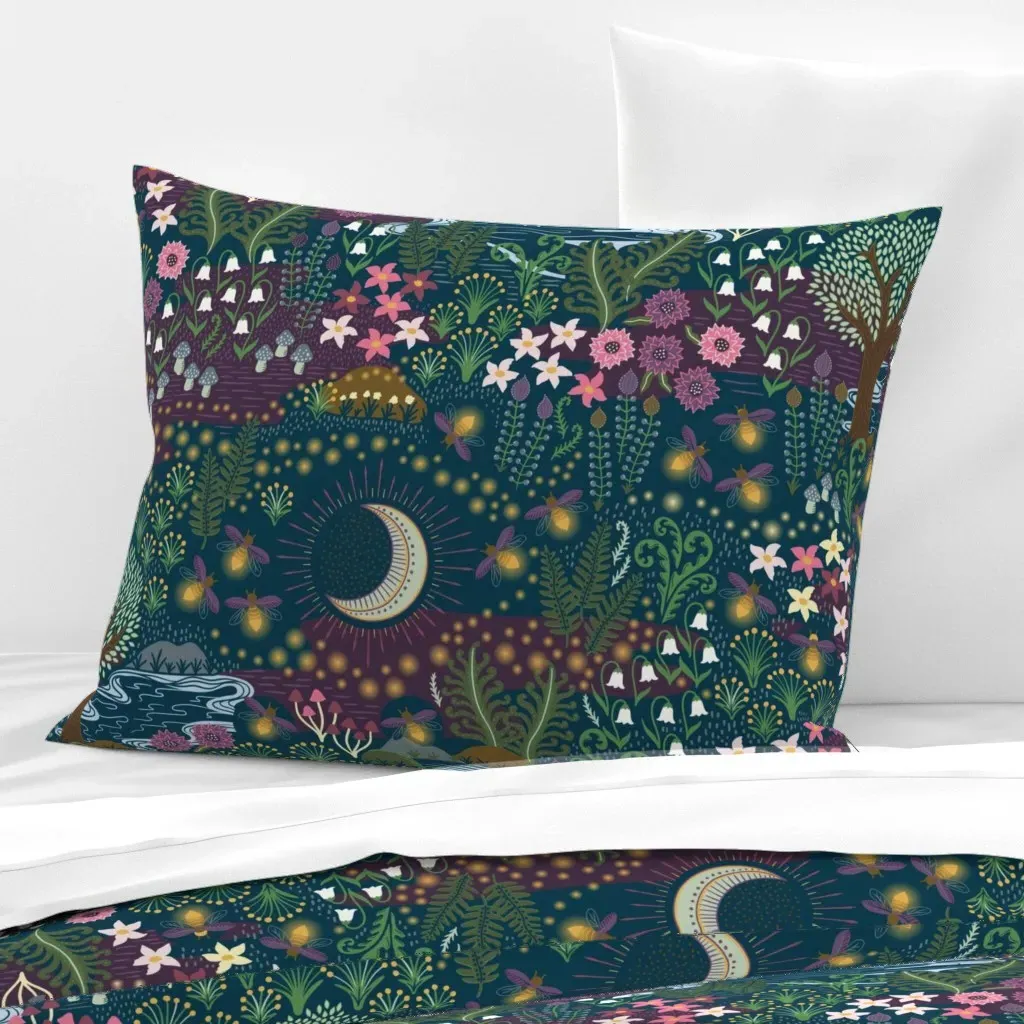 Cozy Dreams Fireflies Magic Meadow Moon Flowers Standard Pillow - Dark Teal, Cotton Sateen product