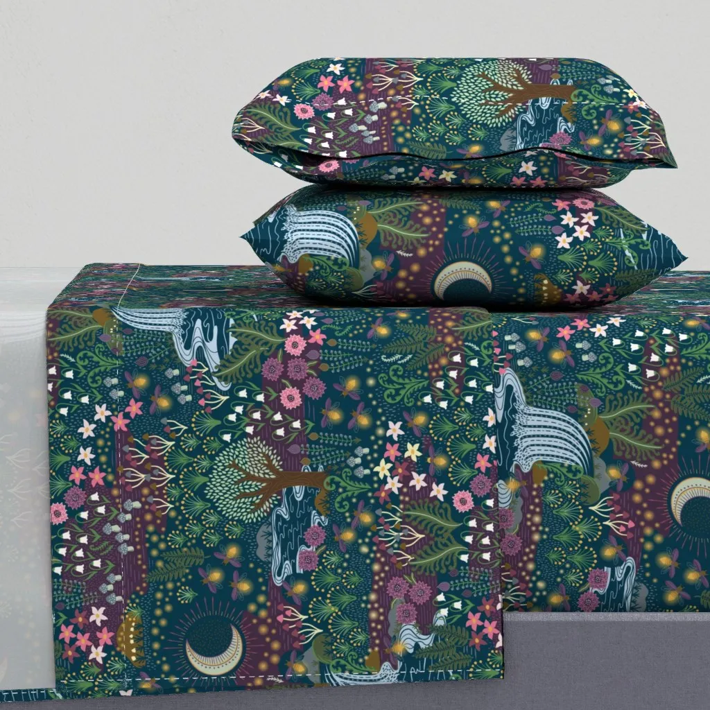 Cozy Dreams Magic Meadow Moon Flowers XL Queen Sheet Set - Dark Teal product