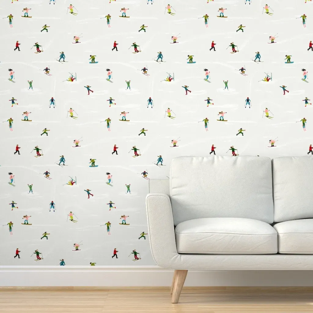 Cozy Winter Skiers Medium Peel and Stick Wallpaper - Light Grey product