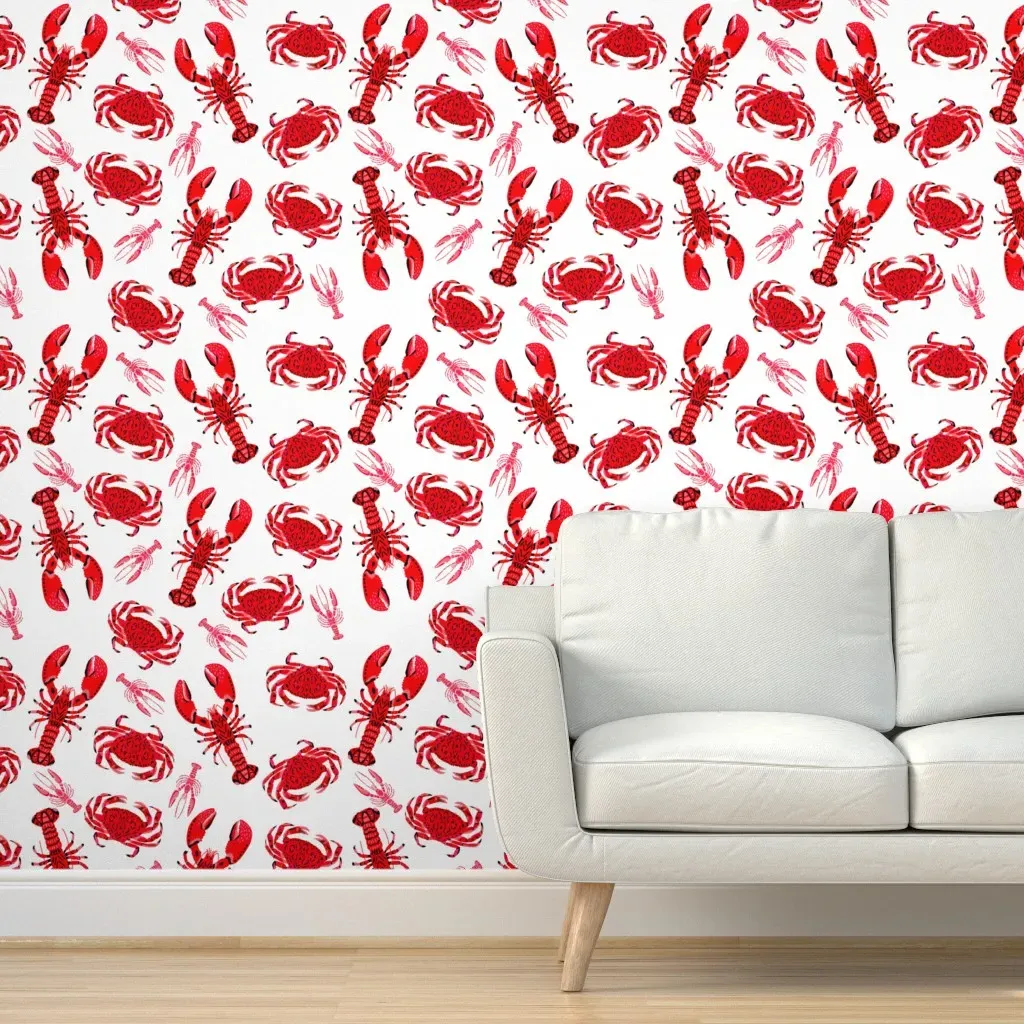 Crab And Lobsters Peel and Stick Wallpaper - Red, White product