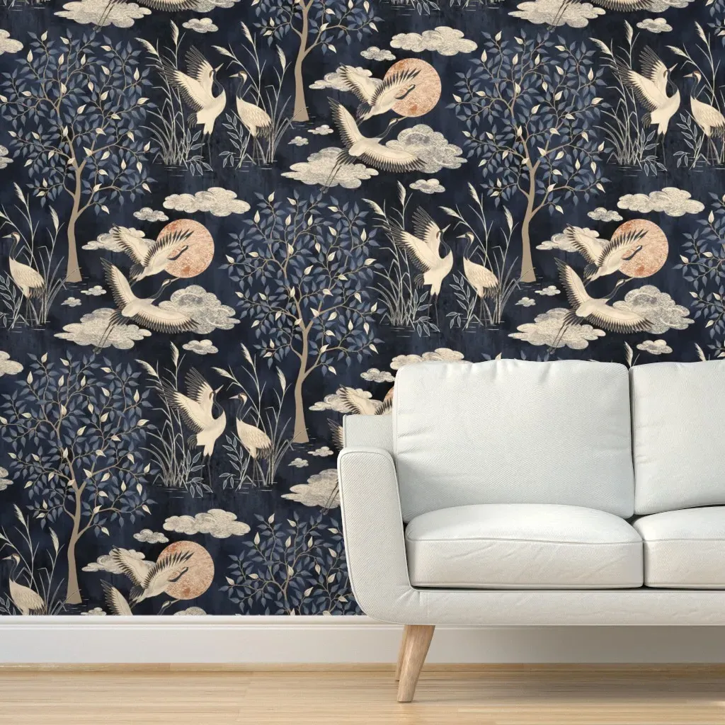 Crane And Golden Sun Vintage Peel and Stick Wallpaper - Dark Blue product