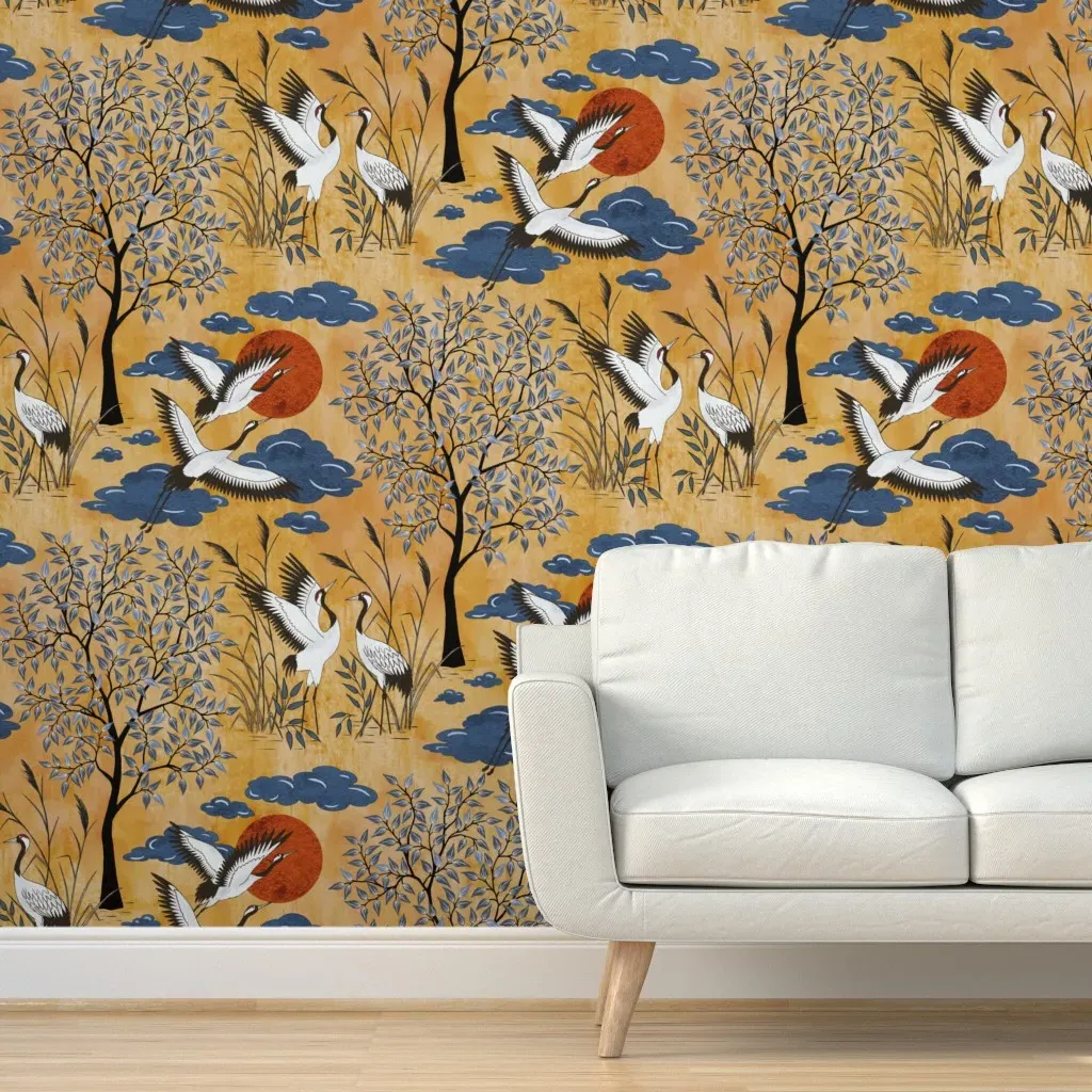 Crane And Golden Sun Vintage Peel and Stick Wallpaper - White product