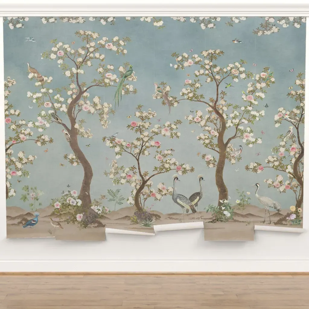 Crane Birds Chinoiserie Blossom Garden Peel and Stick Wall Mural - Blue product