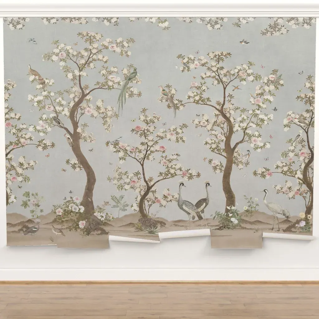 Crane Birds Chinoiserie Blossom Garden Peel and Stick Wall Mural - Pale Blue product