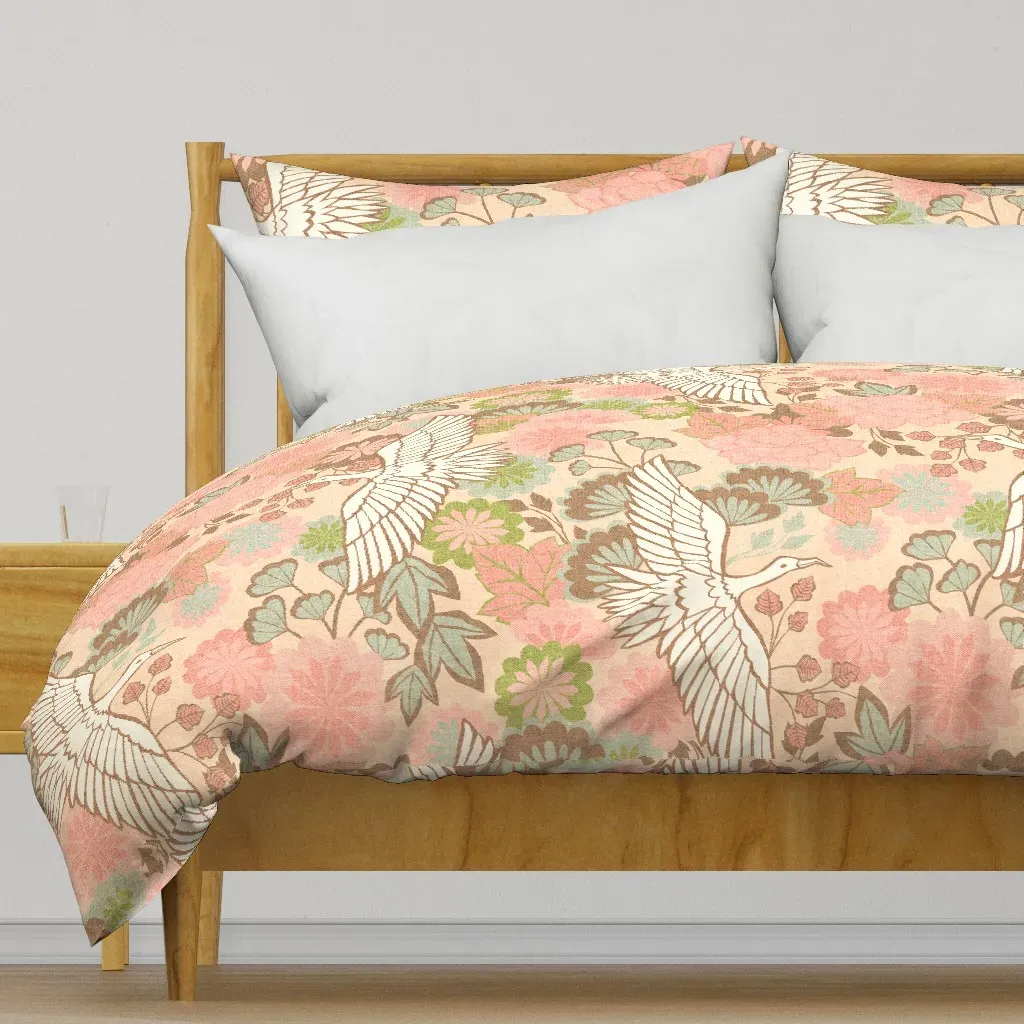 Cranes And Chrysanthemums Duvet Cover - Peach product