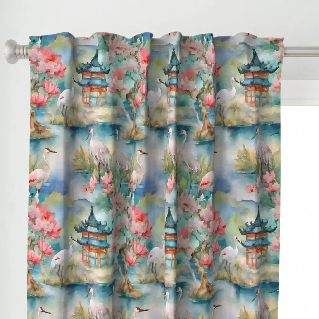 Cranes In Chinoiserie Curtain Panel - Pink alternate view