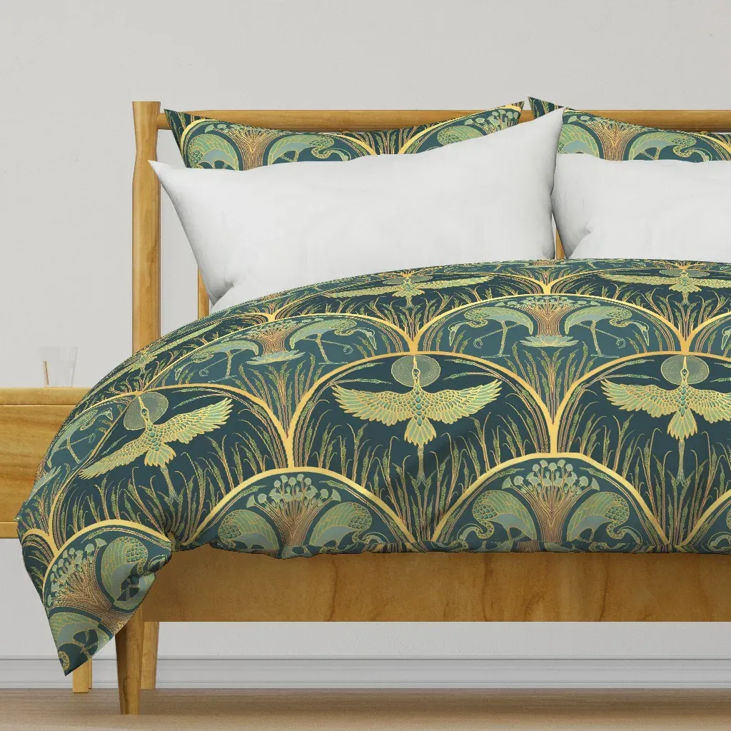 Cranes In The Moonlight Large Duvet Cover - Gold product
