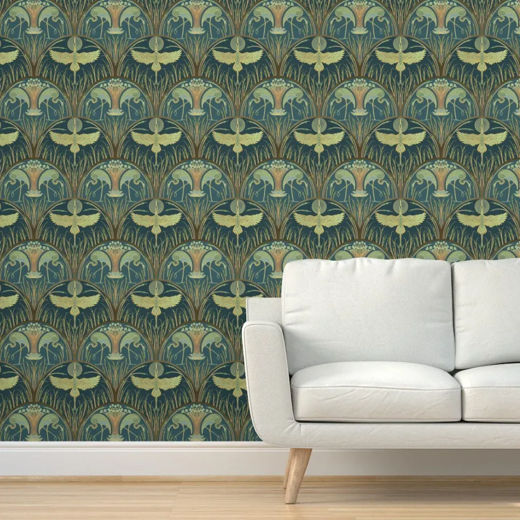 Cranes In The Moonlight Medium Peel and Stick Wallpaper - Gold product