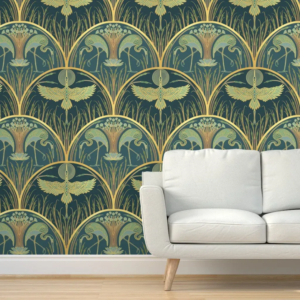 Cranes In The Moonlight Peel and Stick Wallpaper - Gold, Teal product