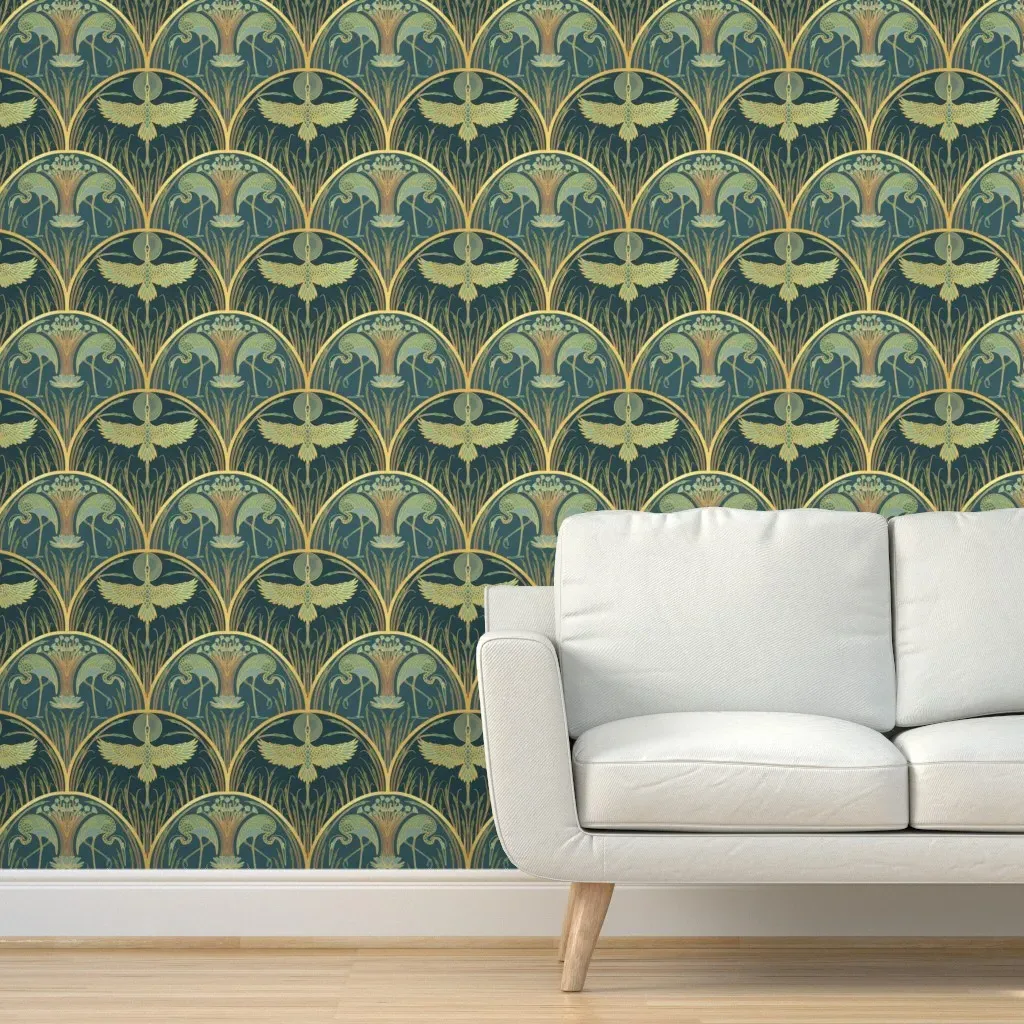 Cranes In The Moonlight Peel and Stick Wallpaper - Gold product