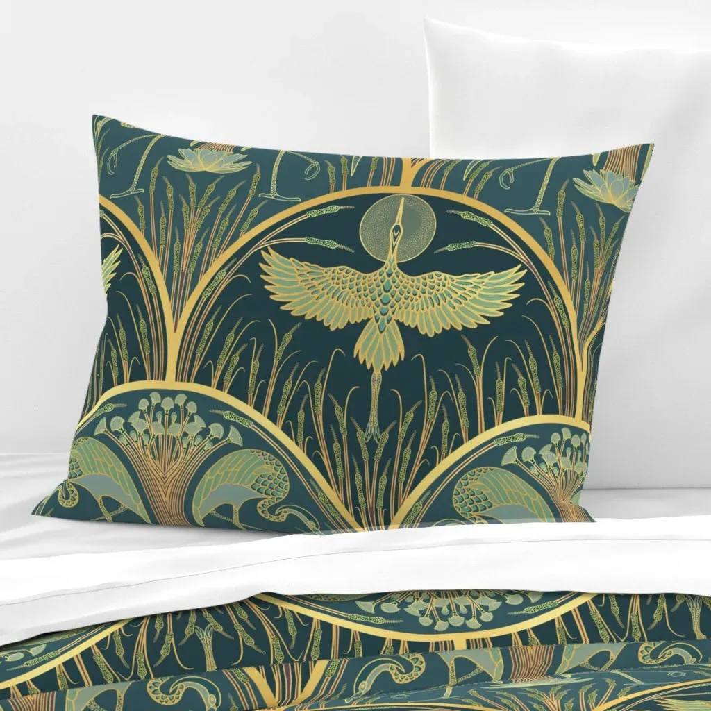 Cranes In The Moonlight Standard Cushion Cover - Gold, Cotton Sateen product