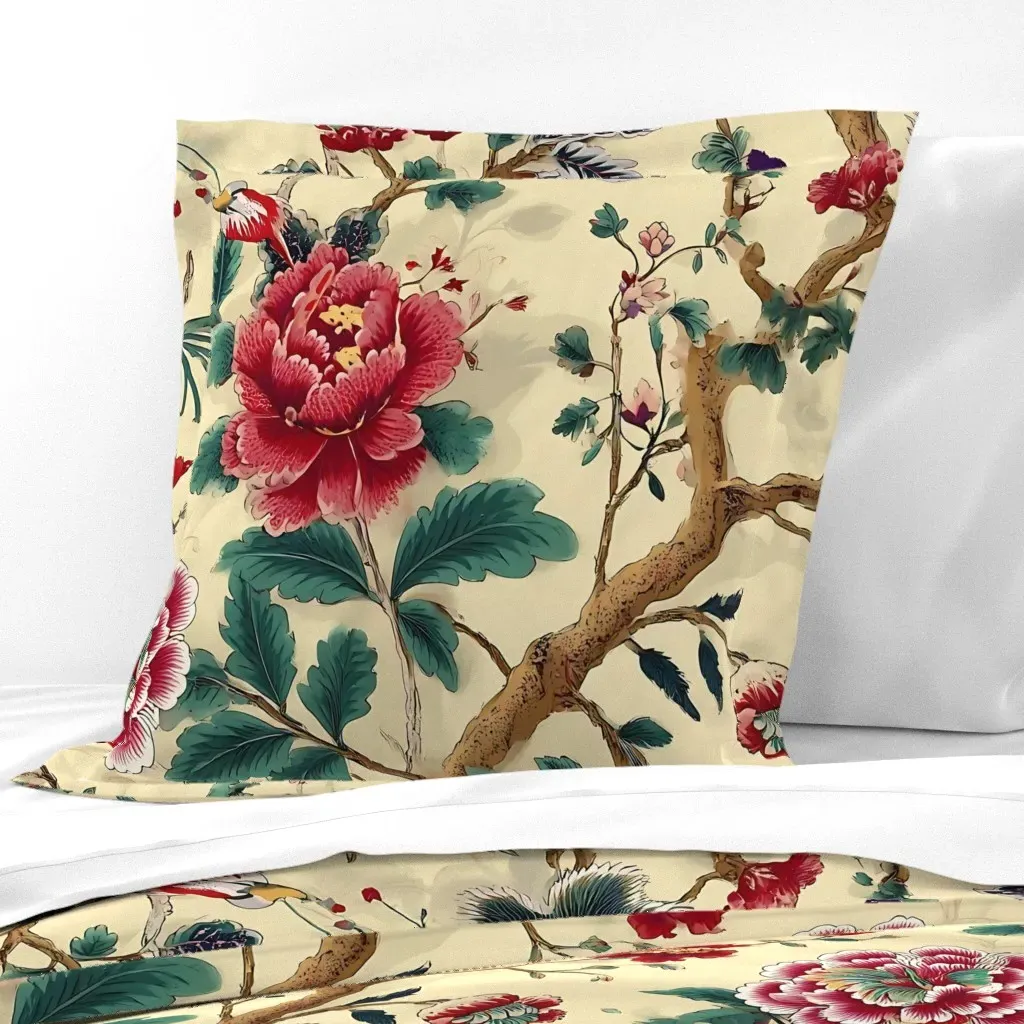Crimson Blossom Red Peony & Leafy Vine Euro Pillow Sham - Red, Beige product