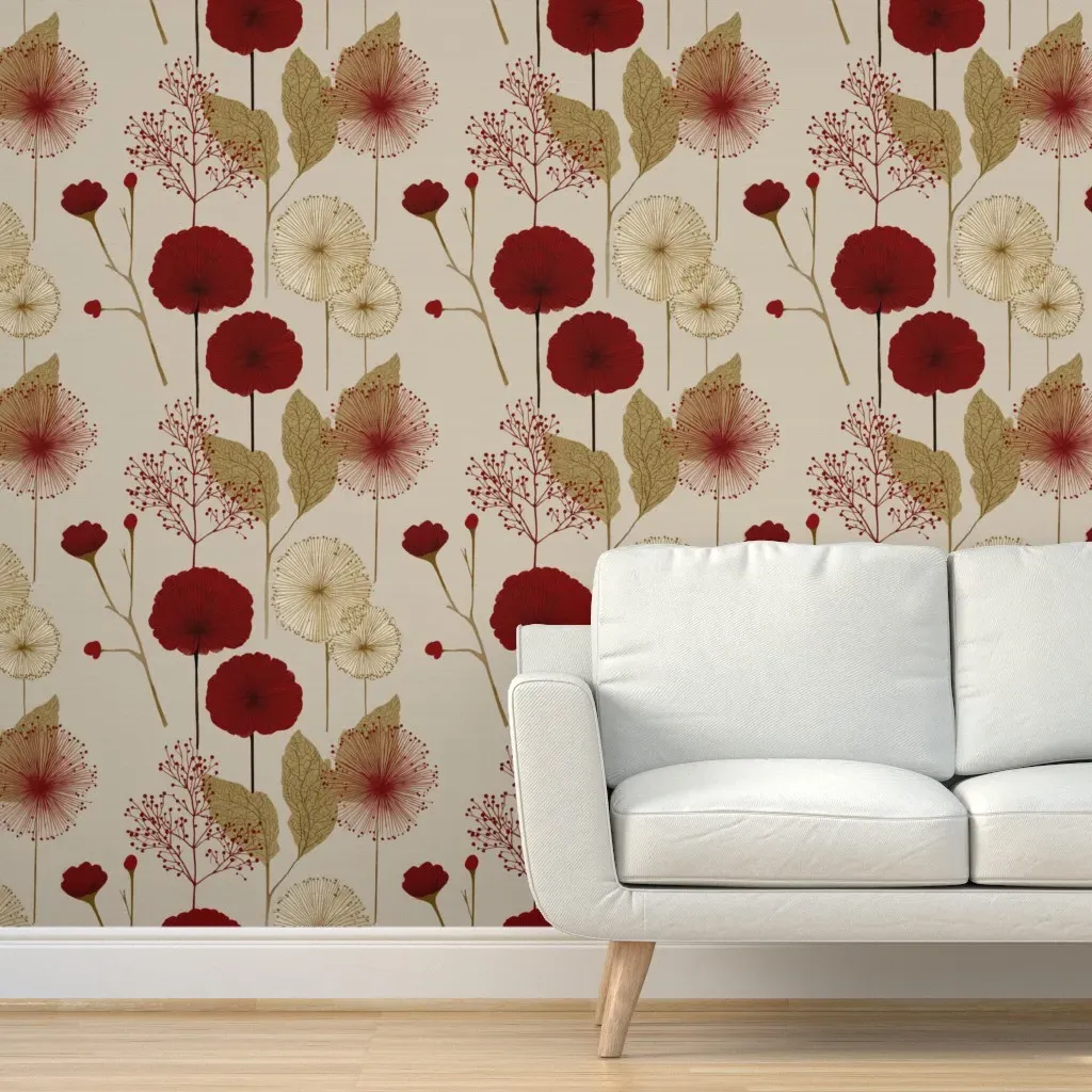 Crimson Botanical Etching Peel and Stick Wallpaper - Red product
