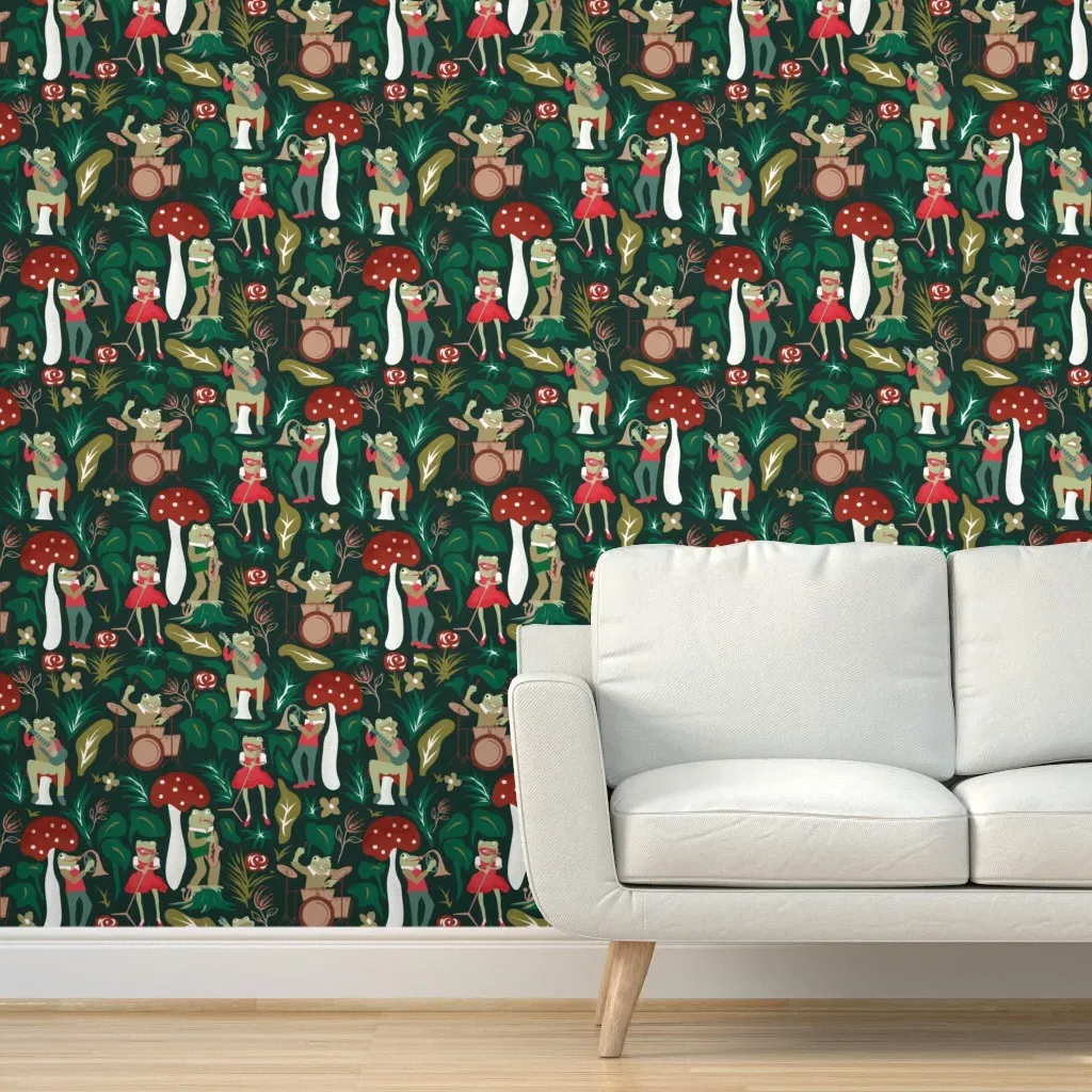 Croak Band Frogs Jamming Session Peel and Stick Wallpaper - Dark Green product