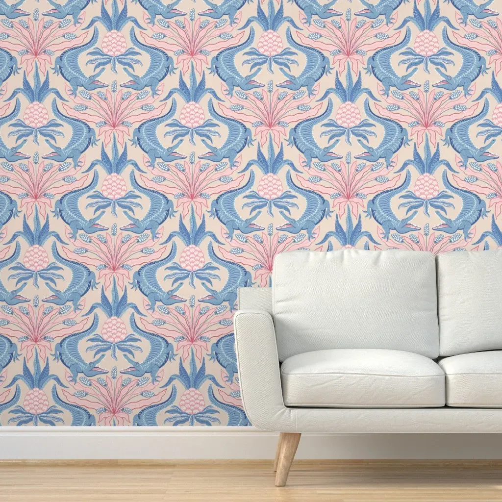Crocodiles Peel and Stick Wallpaper - Blue on Tissue Pink product