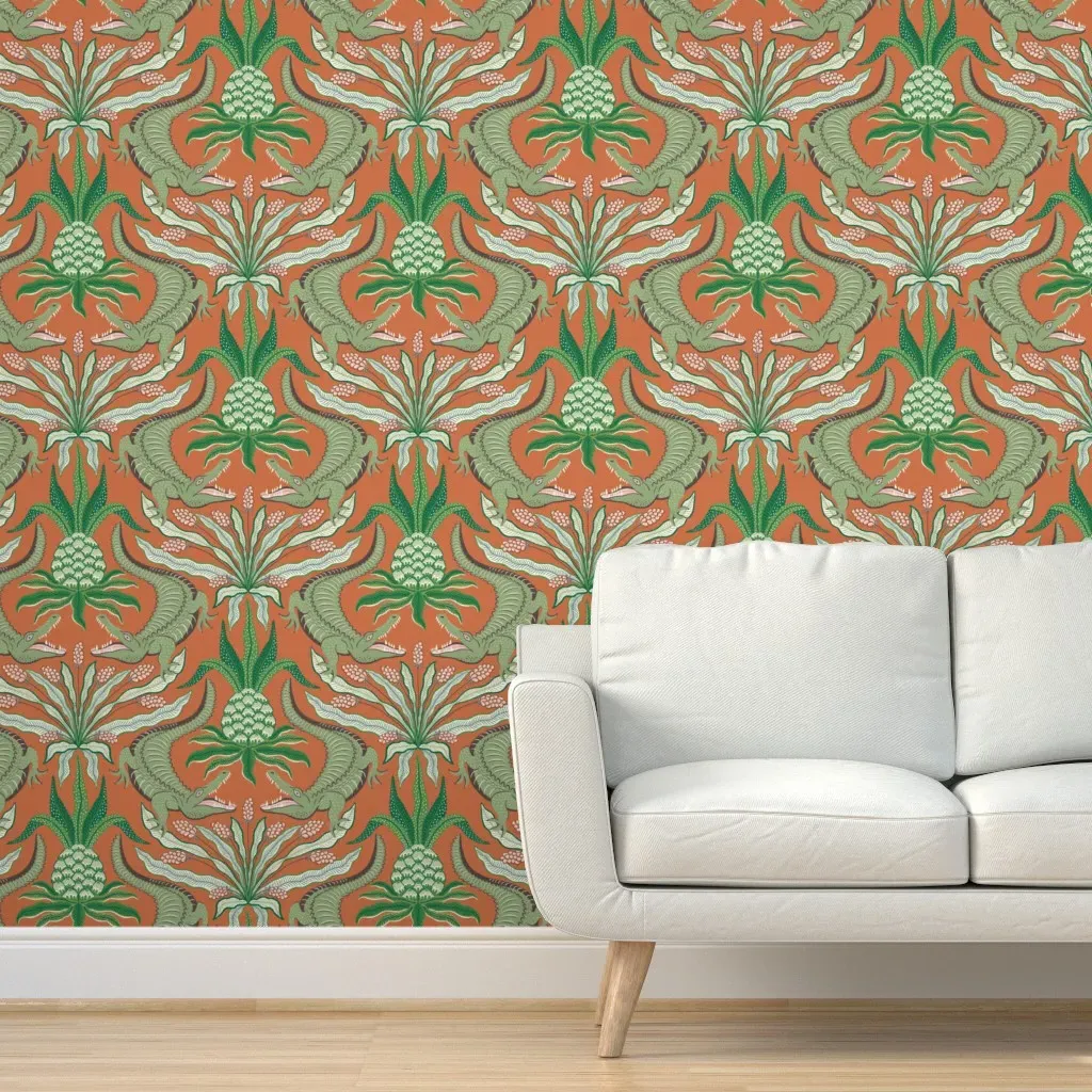 Crocodiles Peel and Stick Wallpaper - Green, Burnt Orange product