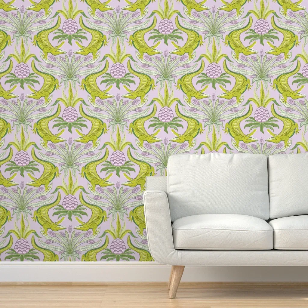 Crocodiles Peel and Stick Wallpaper - Lime Green, Lavender product