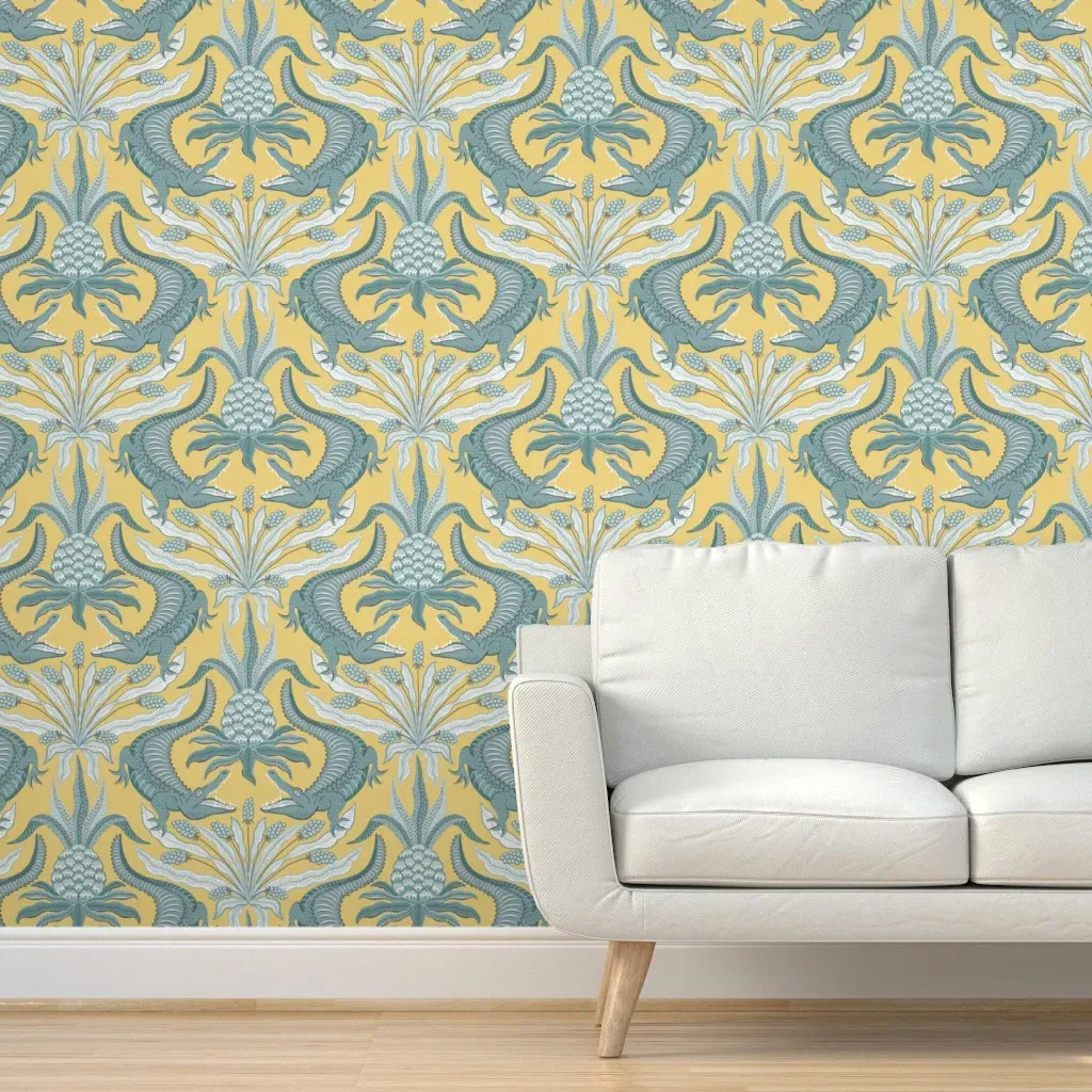 Crocodiles Peel and Stick Wallpaper - Teal, Dusky Yellow product