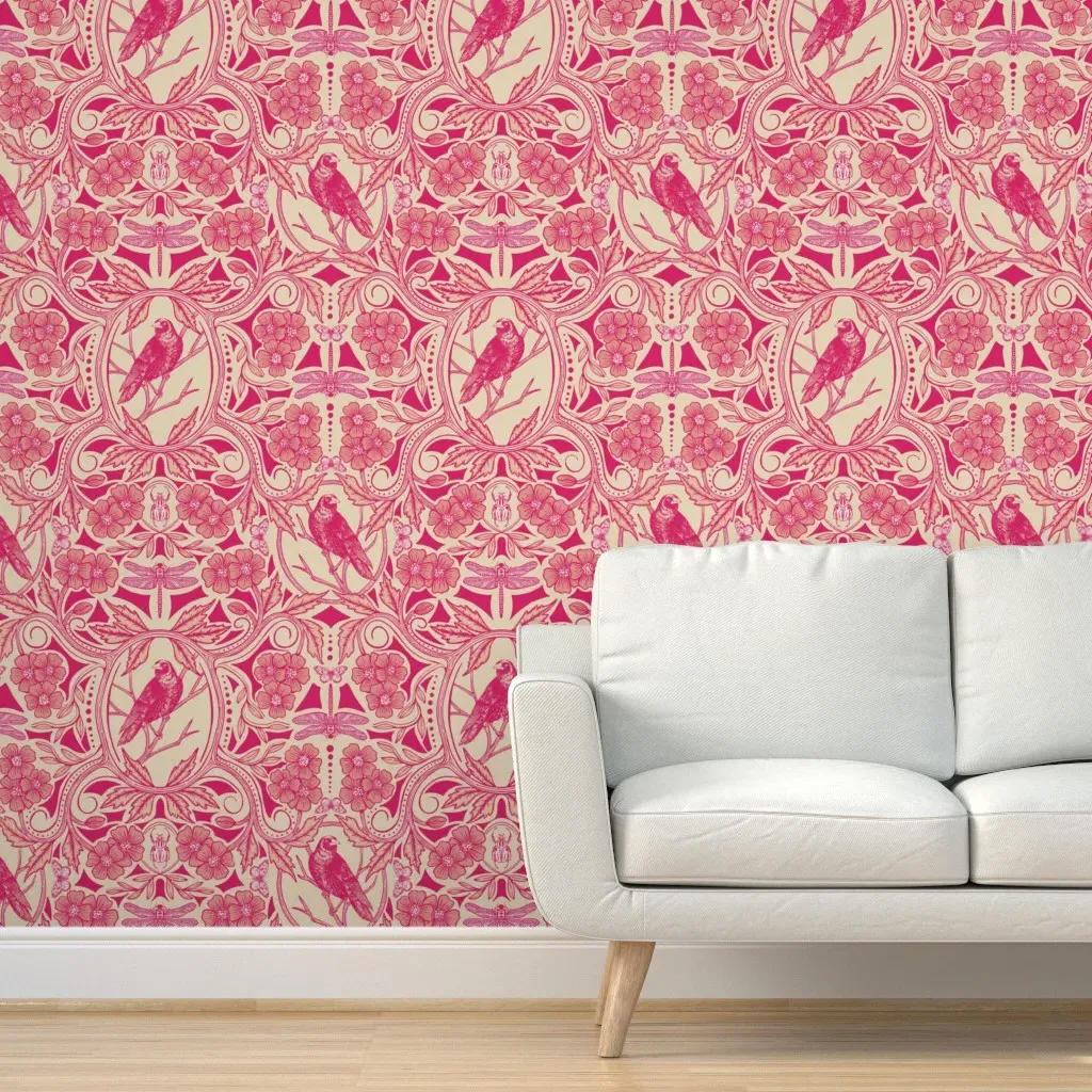 Crow & Dragonfly Floral Peel and Stick Wallpaper - Crimson product