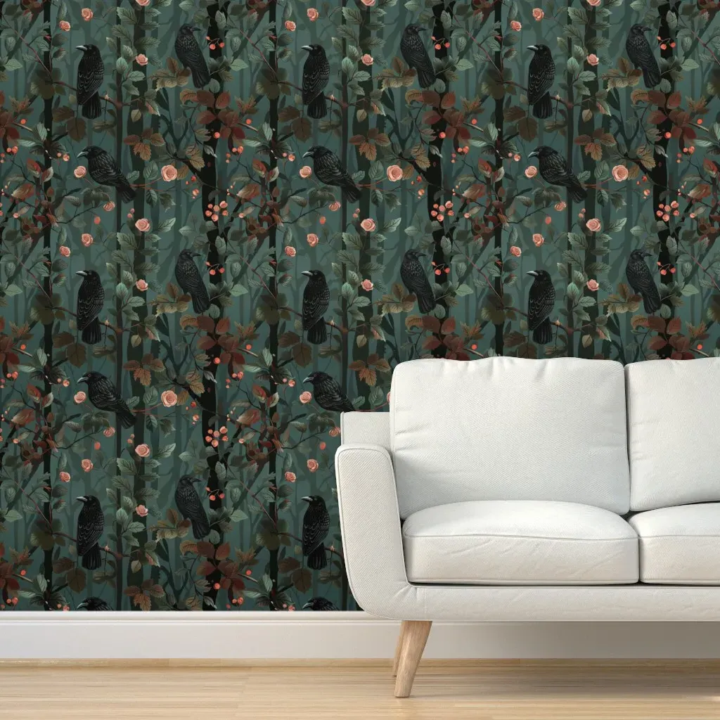 Crow In The Floral Forest Peel and Stick Wallpaper - Dark Teal product
