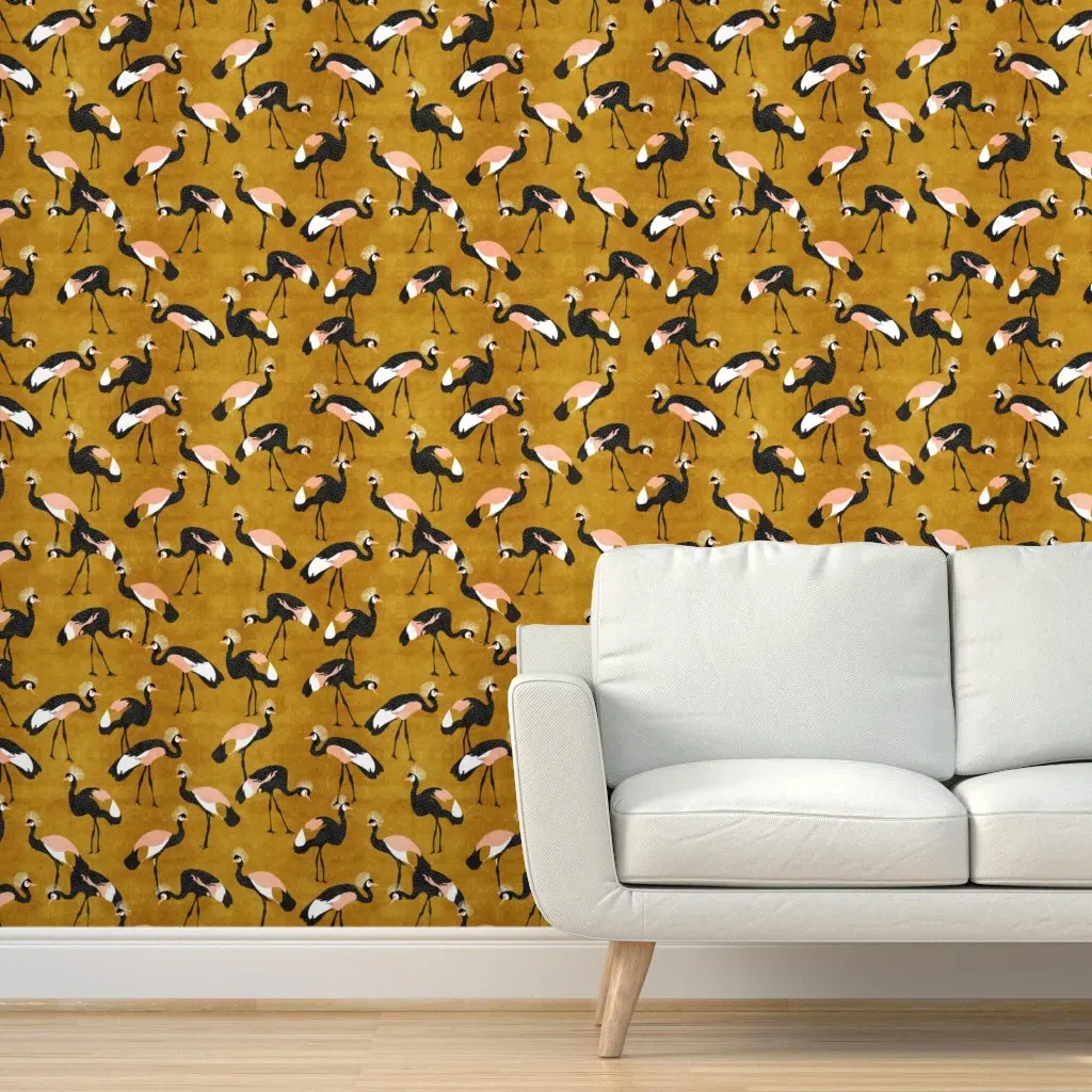 Crowned Cranes Peel and Stick Wallpaper - Mustard, Black & Peach product