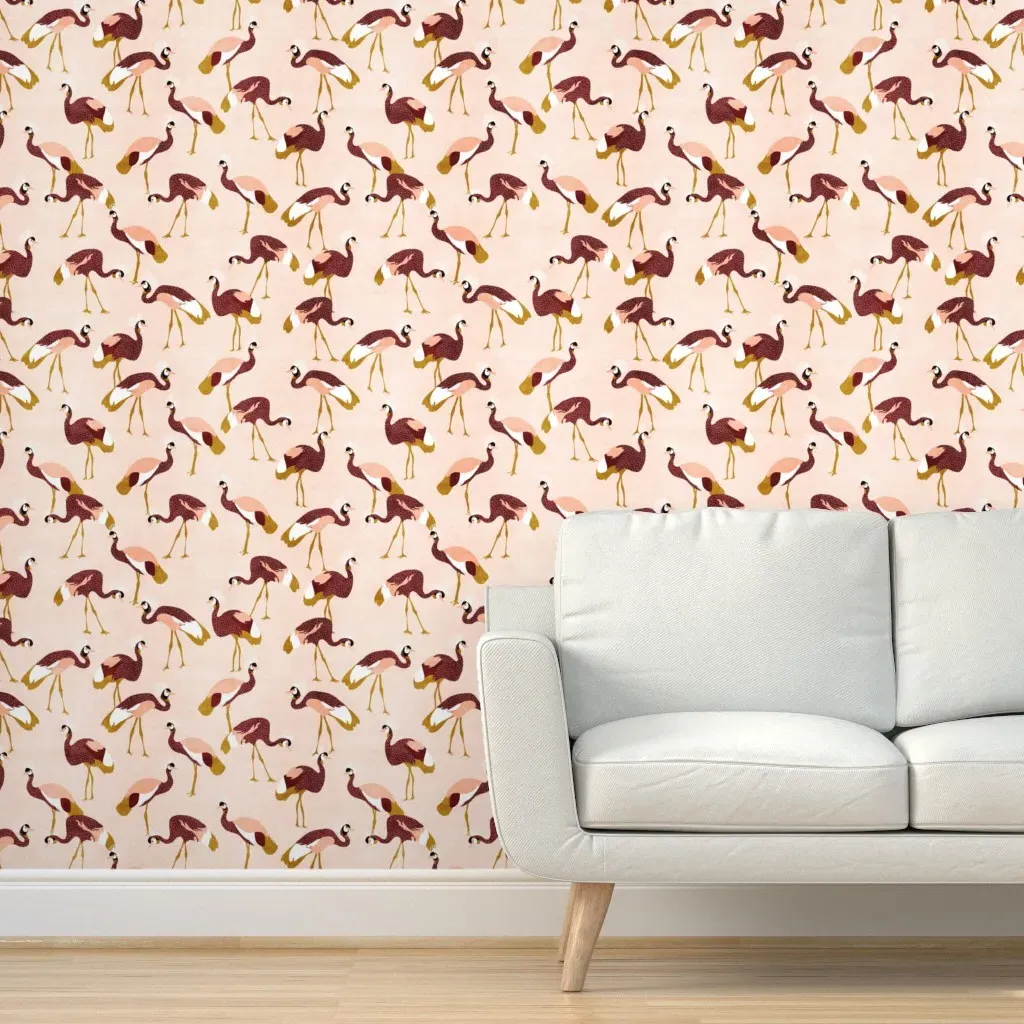 Crowned Cranes Peel and Stick Wallpaper - Pale Peach & Burgundy product