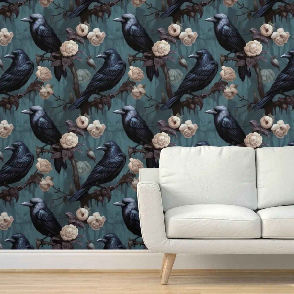 Crows Teal Peel and Stick Wallpaper - Dark Gray, Black product