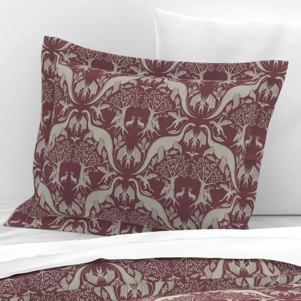 Cryptid Damask Standard Flanged Pillowcase - Burgundy, Cotton Sateen product
