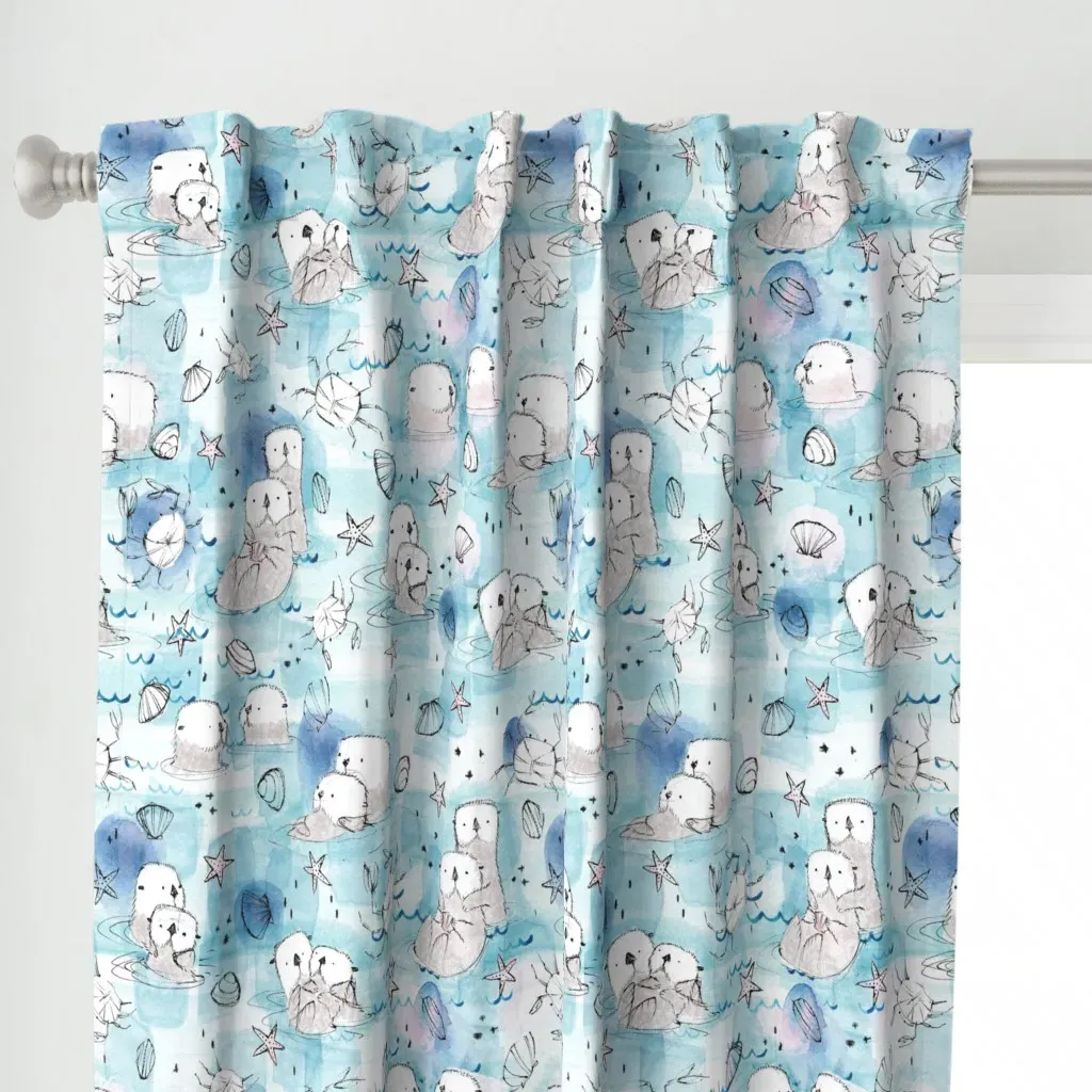 Cuddling Otters In Blush Curtain Panel - Light Blue alternate view