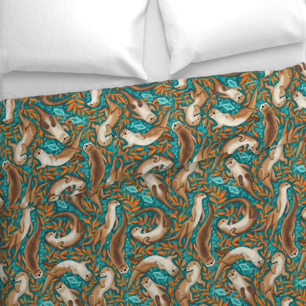 Cute Boho Swimming Otters Duvet Cover - Teal alternate view