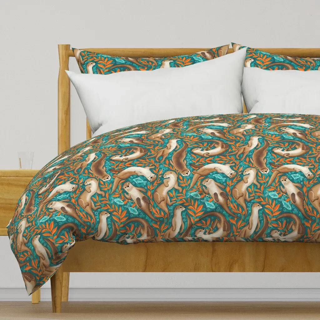 Cute Boho Swimming Otters Duvet Cover - Teal product