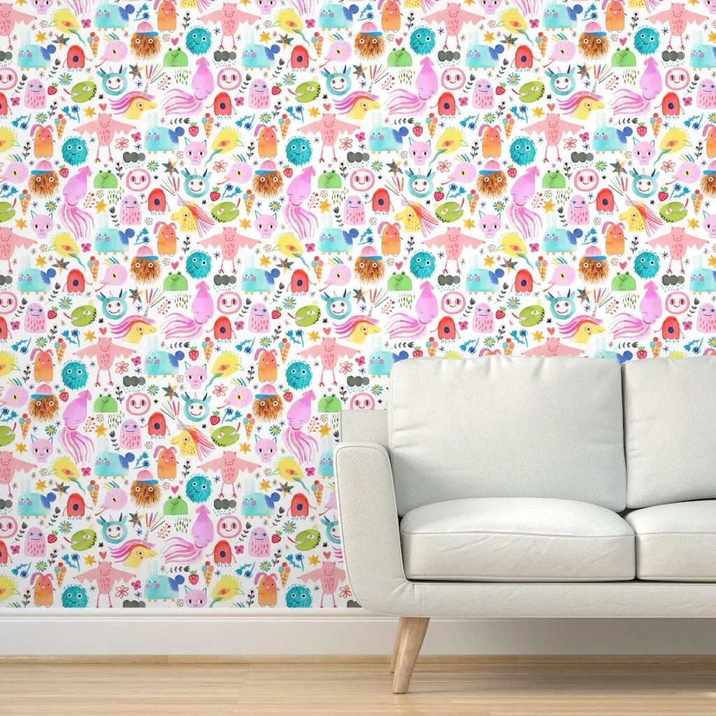 Cute Monsters Mash Smiley Fantasy Peel and Stick Wallpaper - Pink product
