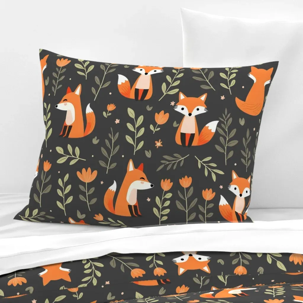 Cute Orange Foxes With Leaves And Flowers Standard Pillow - Orange, Cotton Sateen product