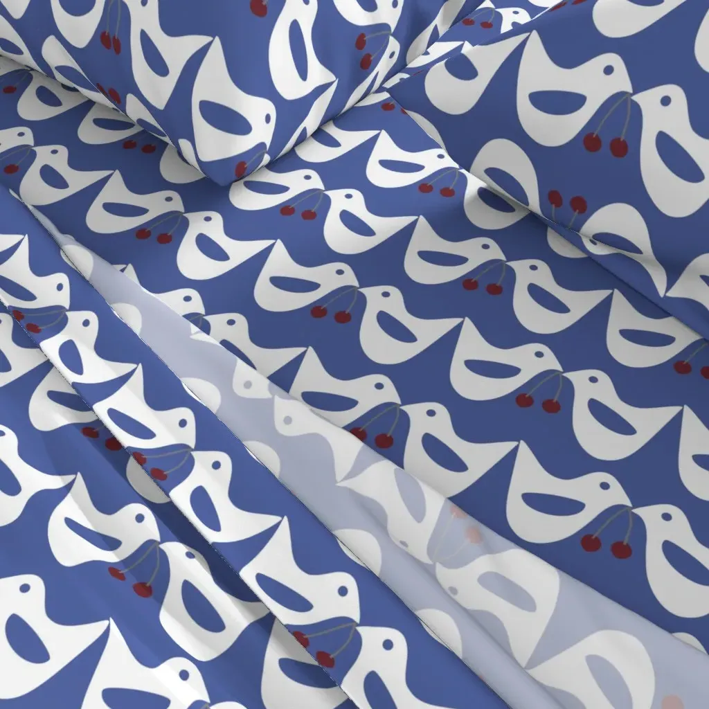 Cute Retro Birds With Red Cherries Queen Sheet Set - White alternate view