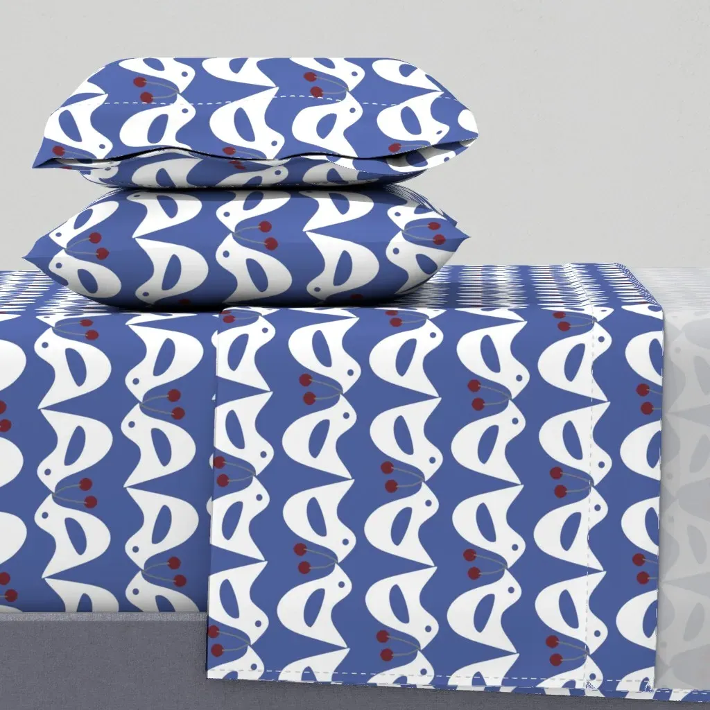 Cute Retro Birds With Red Cherries Queen Sheet Set - White product