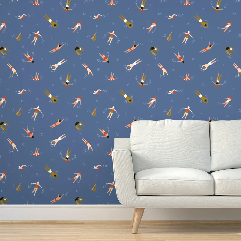 Cute Swimmers Multiracial Peel and Stick Wallpaper - Blue product