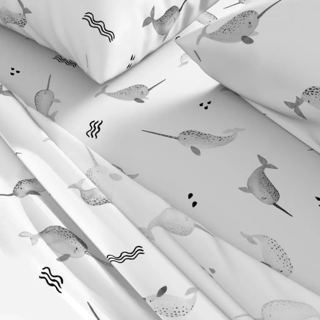 Cute Watercolor Narwhal Twin Sheet Set - Gray, White alternate view