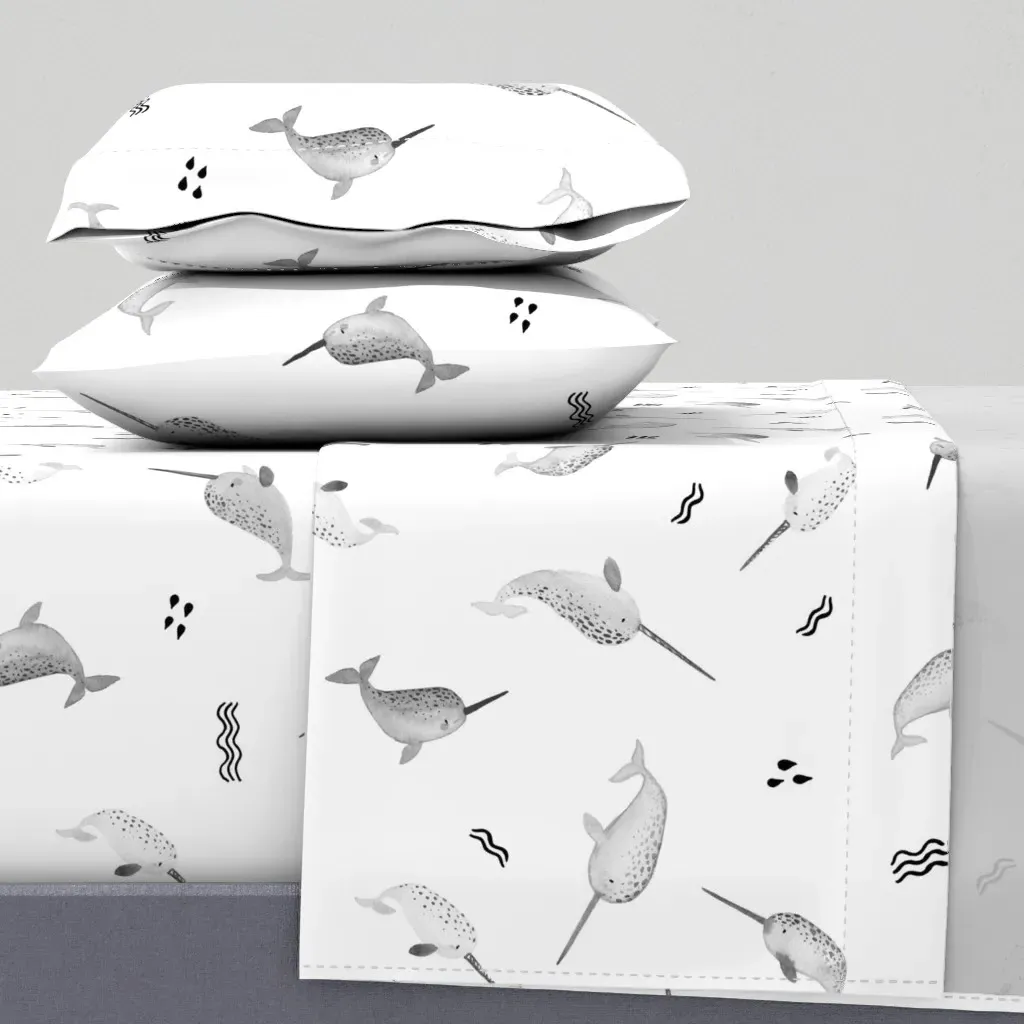 Cute Watercolor Narwhal Twin Sheet Set - Gray, White product