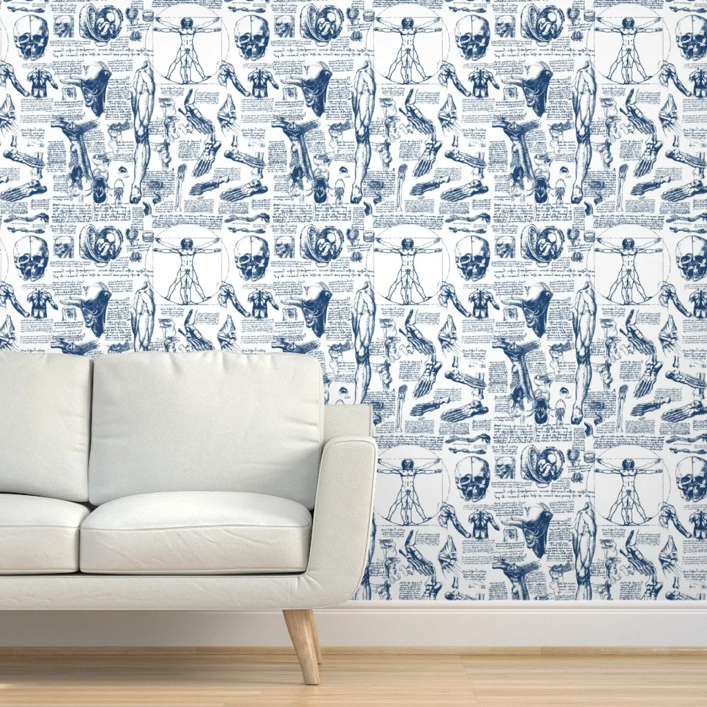 Da Vinci's Anatomy Sketchbook Peel and Stick Wallpaper - Navy Blue product