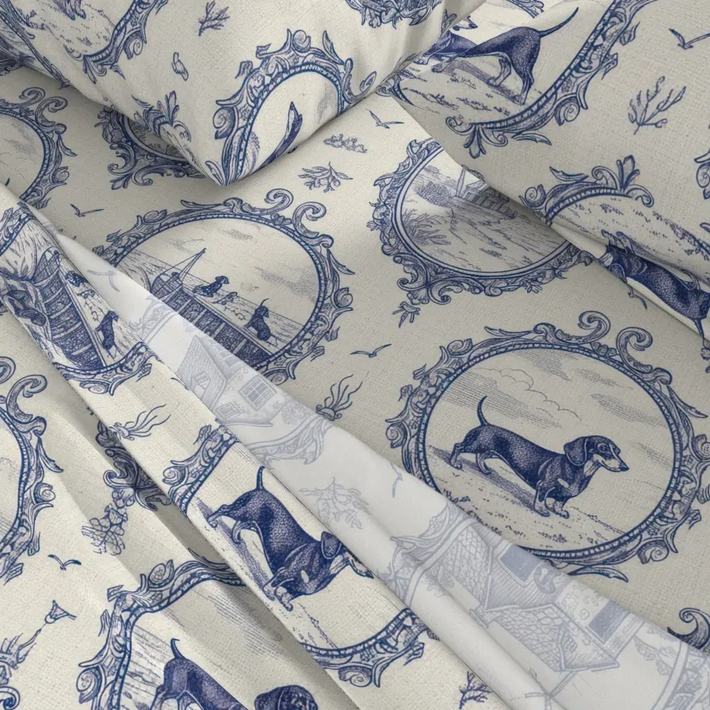 Dachshund Puppy Toile Queen Sheet Set - Blue, White alternate view