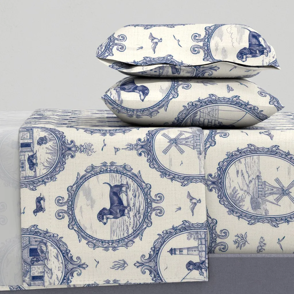 Dachshund Puppy Toile Queen Sheet Set - Blue, White product