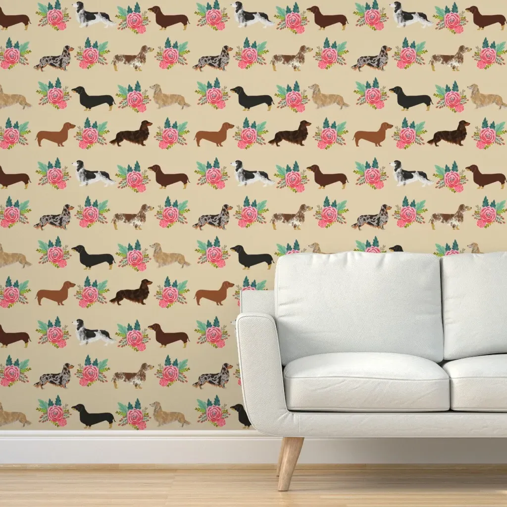 Dachshunds Floral Peel and Stick Wallpaper - Beige product