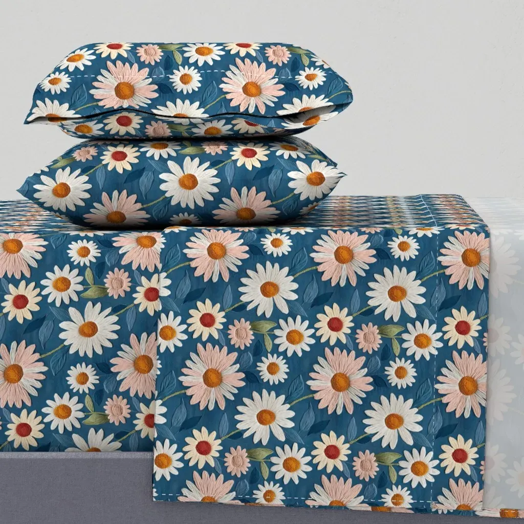 Daisies 3D Embroidery Floral King Sheet Set - White product