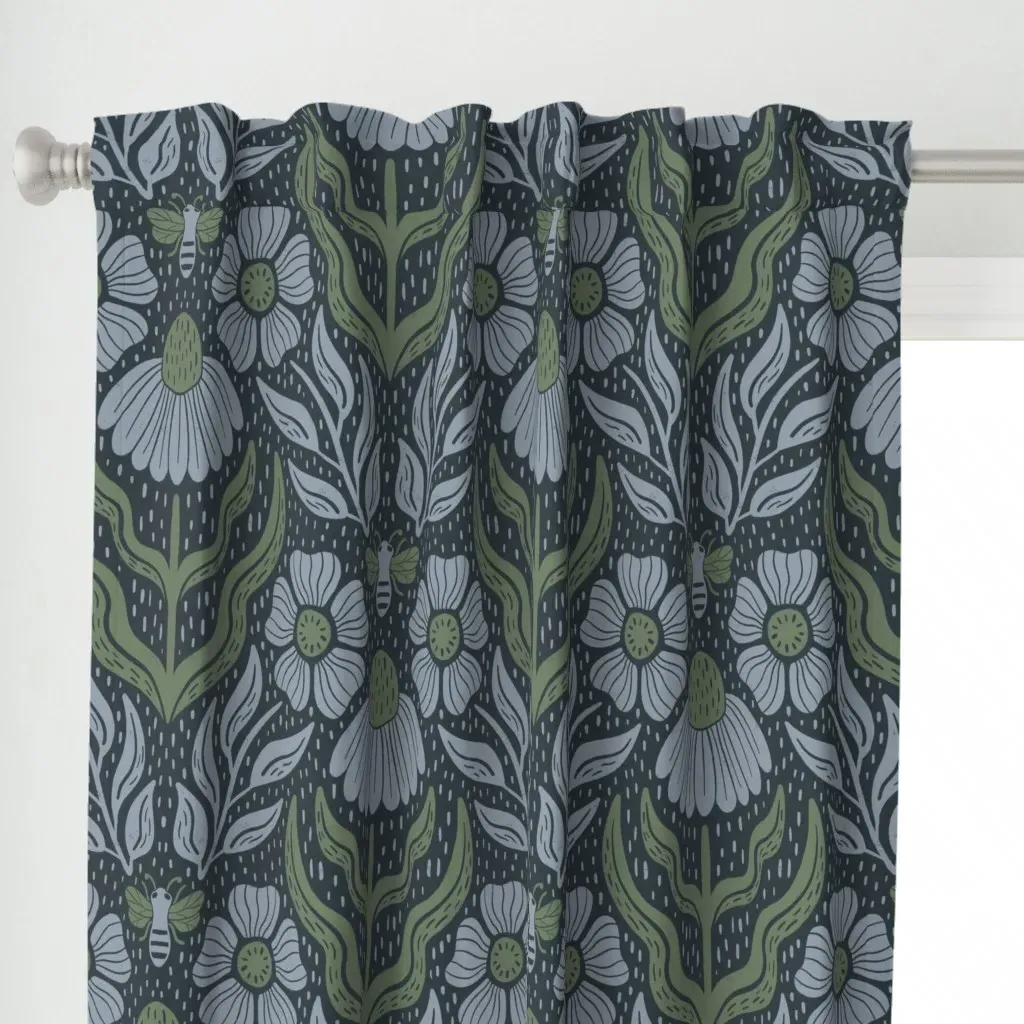 Daisies And Anemones Curtain Panel - Dusty Blue alternate view