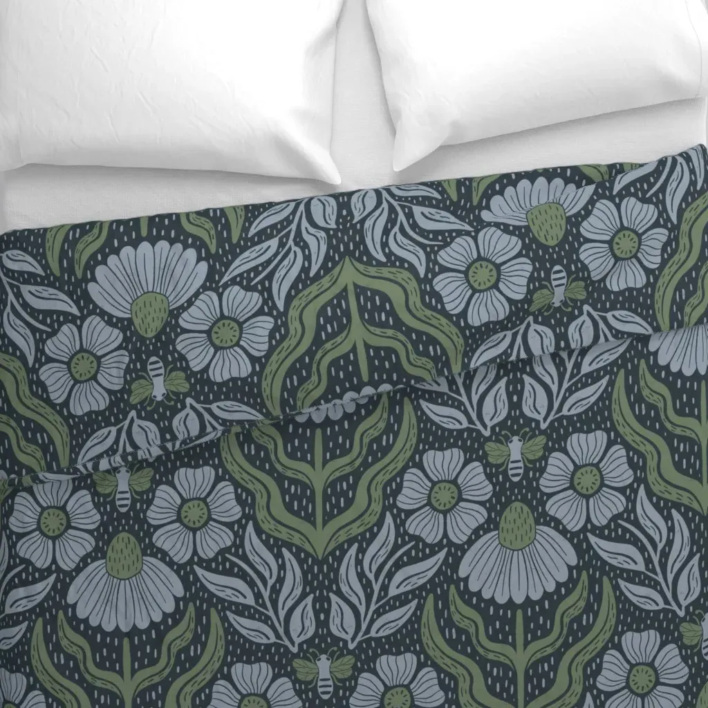 Daisies And Anemones Large Duvet Cover - Dusty Blue alternate view