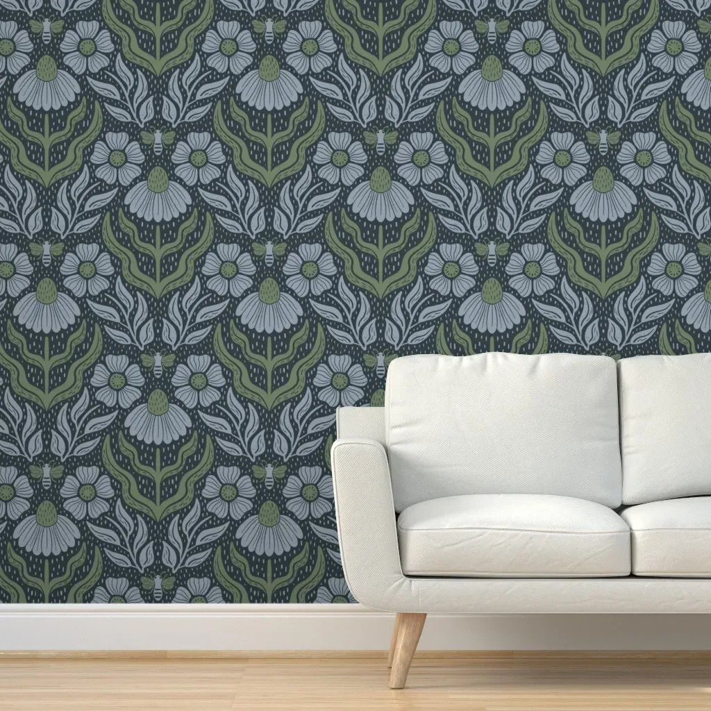 Daisies and Anemones Peel and Stick Wallpaper - Dusty Blue product