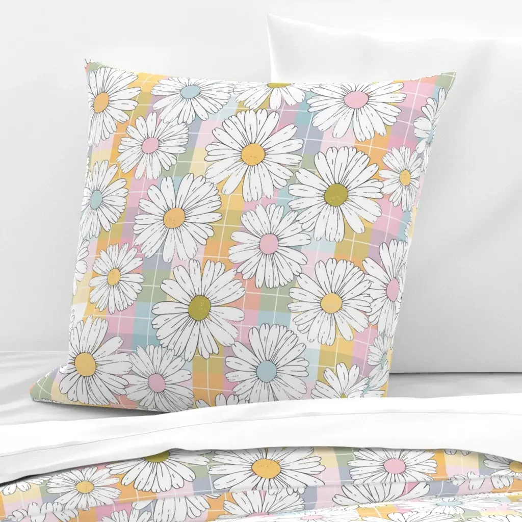 Daisies On Pastel Plaid Large Scale Euro Pillow Sham - White product