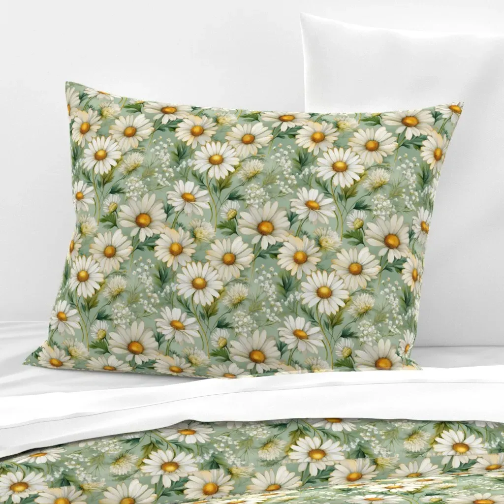 Daisy Botanical Floral Standard Knife Edge Pillow - White, Cotton Sateen product