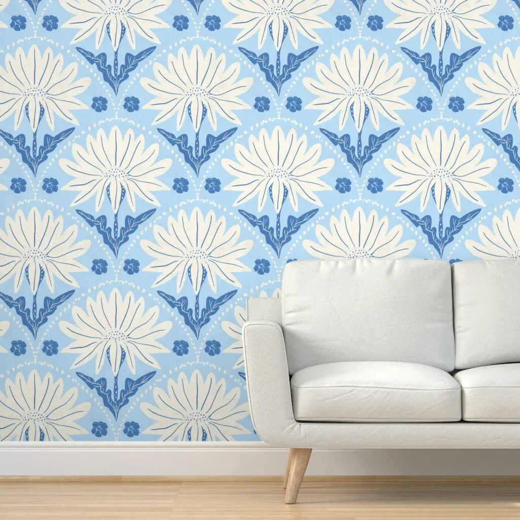 Daisy Flower Floral Peel and Stick Wallpaper - Blue, Cream product