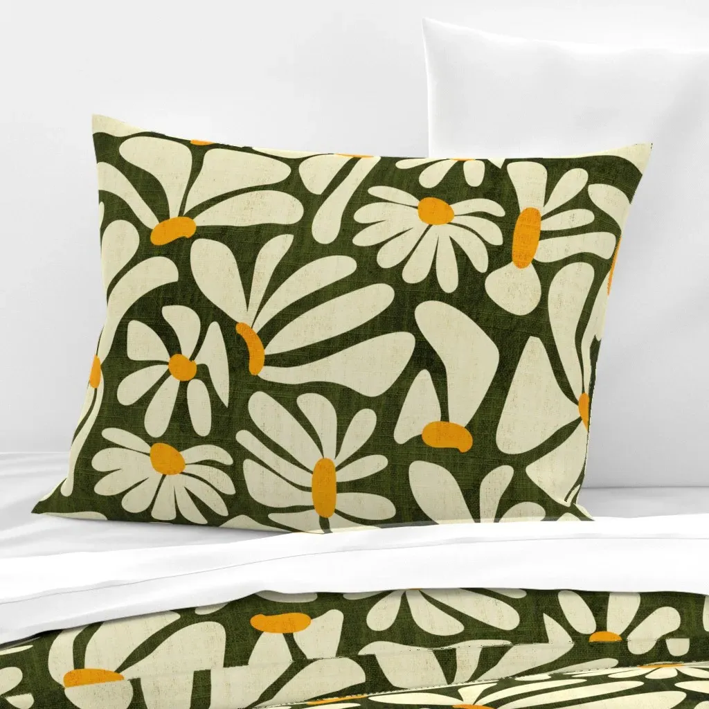 Daisy Flower Power Standard Knife Edge Pillow - Olive Green, Cotton Sateen product